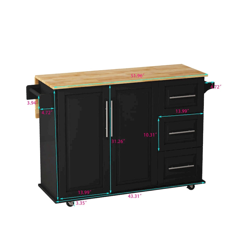 Kitchen Island Cart with 2 Door Cabinet and Three Drawers