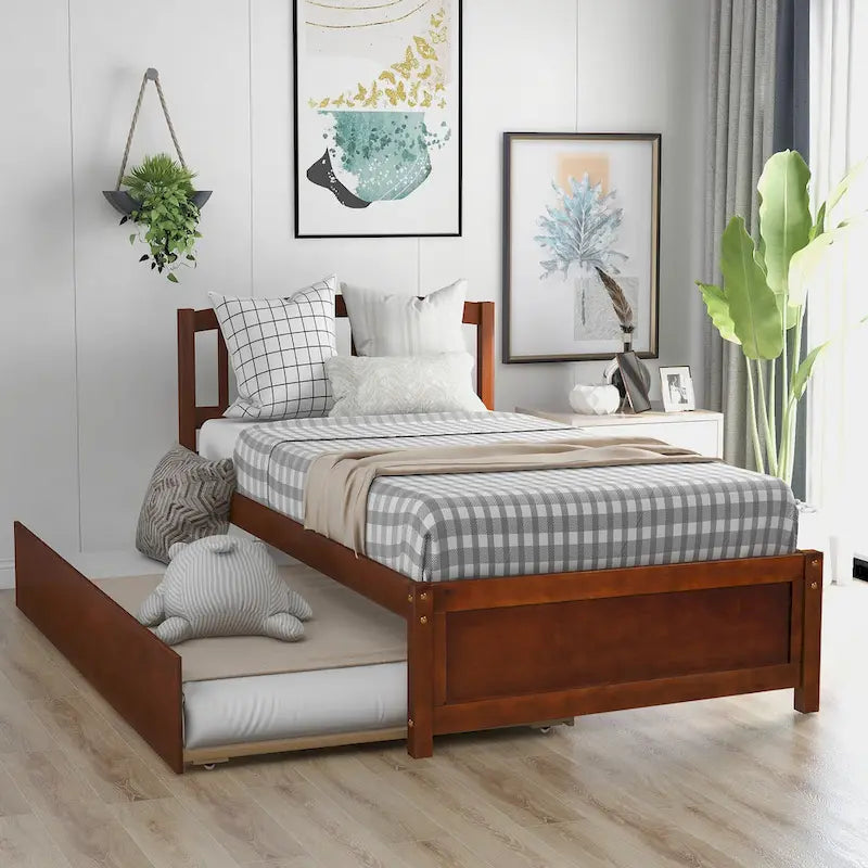Twin size Platform Wood Bed Frame with Trundle