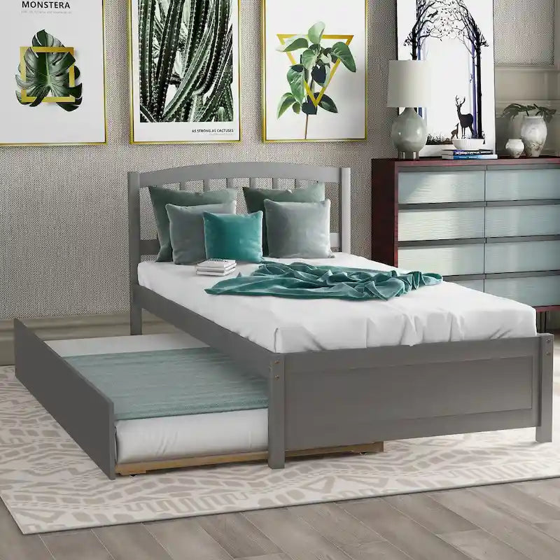 Twin size Platform Wood Bed Frame with Trundle