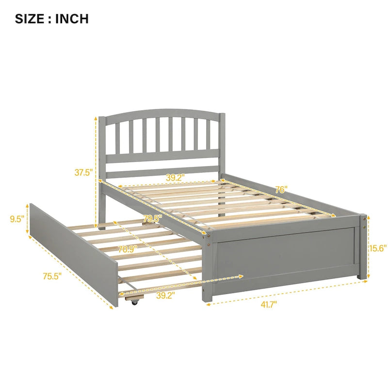 Twin size Platform Wood Bed Frame with Trundle
