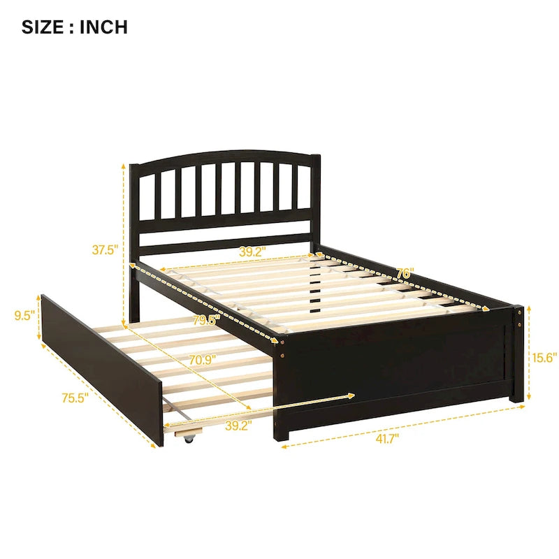 Twin size Platform Wood Bed Frame with Trundle