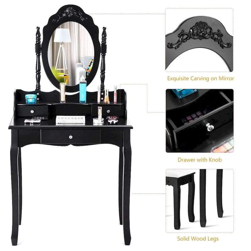 Vanity Mirrored Wood Makeup Dressing Table Stool Set Black/ White