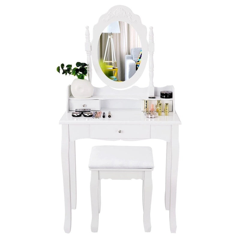 Vanity Mirrored Wood Makeup Dressing Table Stool Set Black/ White