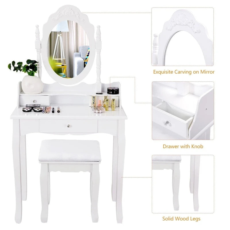 Vanity Mirrored Wood Makeup Dressing Table Stool Set Black/ White