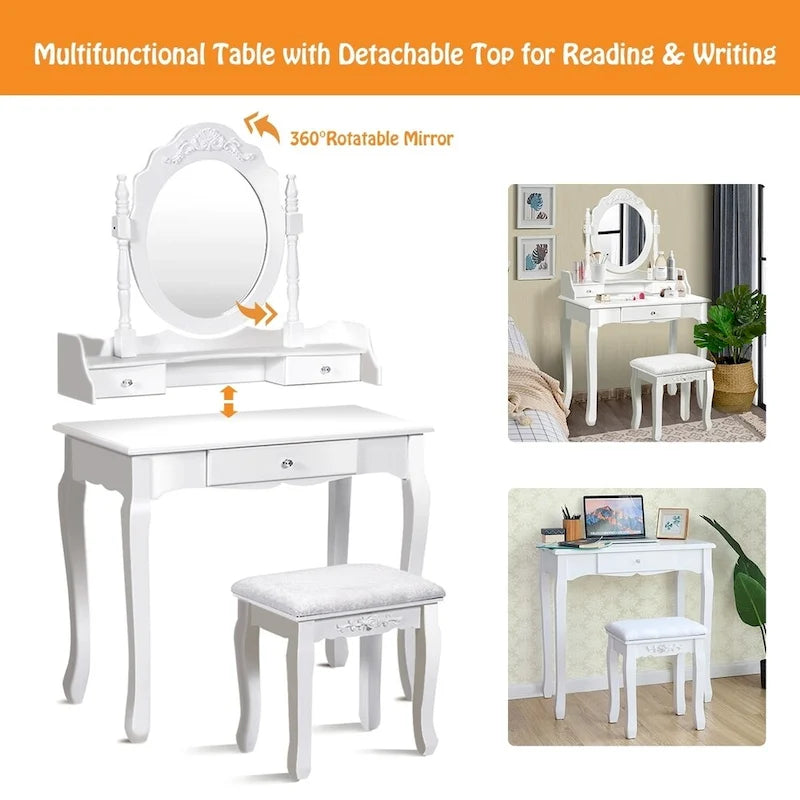 Vanity Mirrored Wood Makeup Dressing Table Stool Set Black/ White