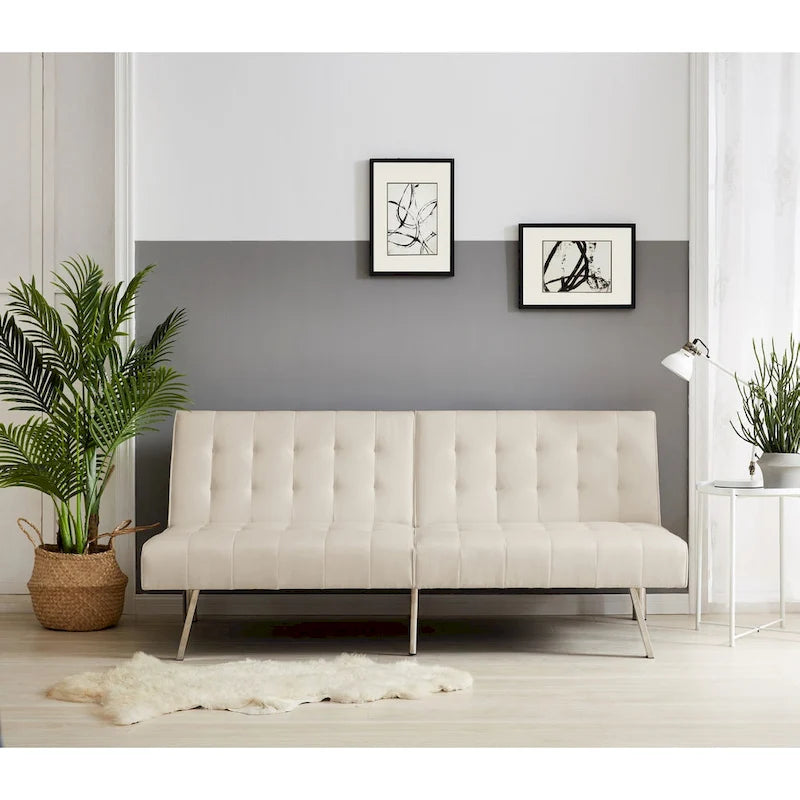 Tufted Mid-Century Modern Split Back Futon Sofa Couch Bed with Chrome Legs