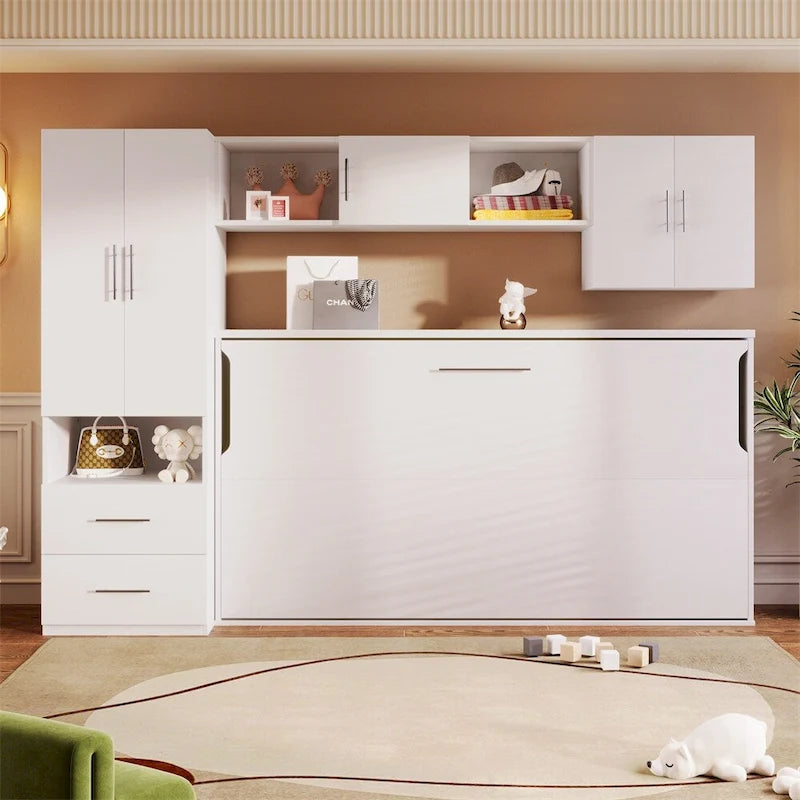 Twin Size Murphy Bed with Open Shelves and Storage Drawers