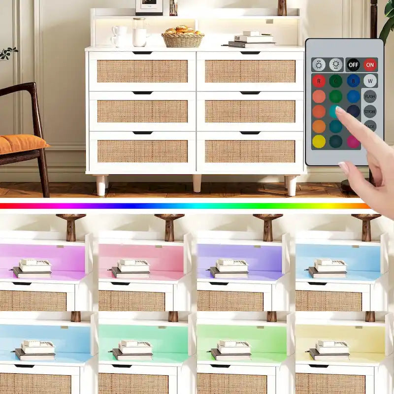 White Rattan Drawer Storage Cabinet with LED Lights and Power Outlet, Great for Bedroom and Living Room, 43.31 Size