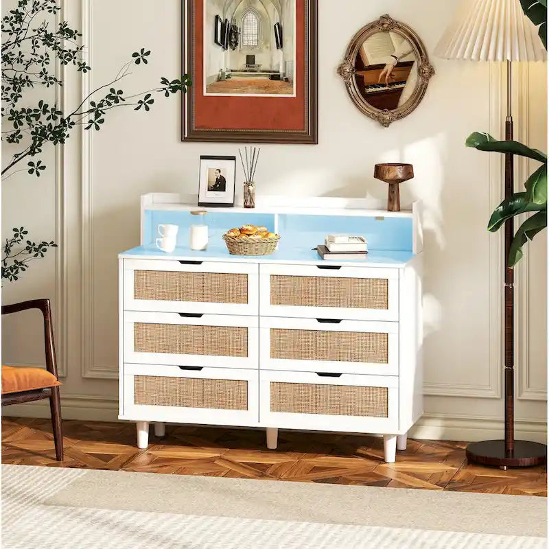 White Rattan Drawer Storage Cabinet with LED Lights and Power Outlet, Great for Bedroom and Living Room, 43.31 Size