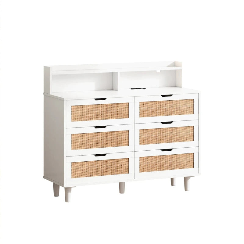 White Rattan Drawer Storage Cabinet with LED Lights and Power Outlet, Great for Bedroom and Living Room, 43.31 Size