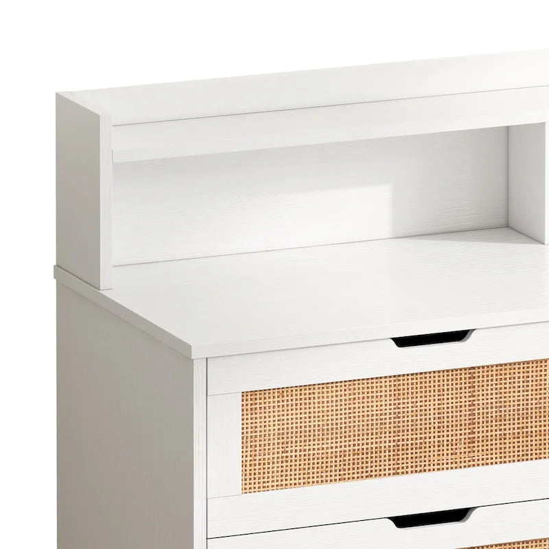 White Rattan Drawer Storage Cabinet with LED Lights and Power Outlet, Great for Bedroom and Living Room, 43.31 Size