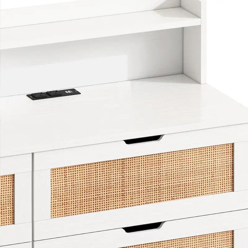 White Rattan Drawer Storage Cabinet with LED Lights and Power Outlet, Great for Bedroom and Living Room, 43.31 Size