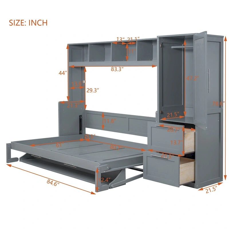 Queen Size Murphy Bed Wall Bed with Closet and Drawers