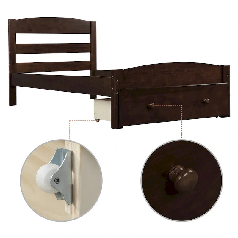 Platform Twin Bed Frame with Storage Drawer and Wood Slat Support No Box Spring Needed
