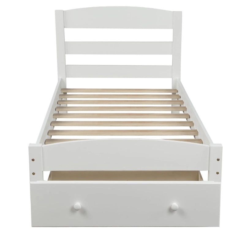 Platform Twin Bed Frame with Storage Drawer and Wood Slat Support No Box Spring Needed