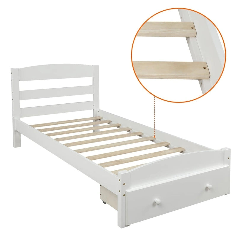 Platform Twin Bed Frame with Storage Drawer and Wood Slat Support No Box Spring Needed
