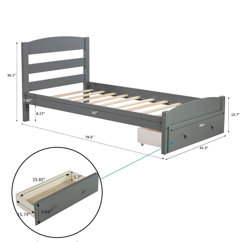 Platform Twin Bed Frame with Storage Drawer and Wood Slat Support No Box Spring Needed