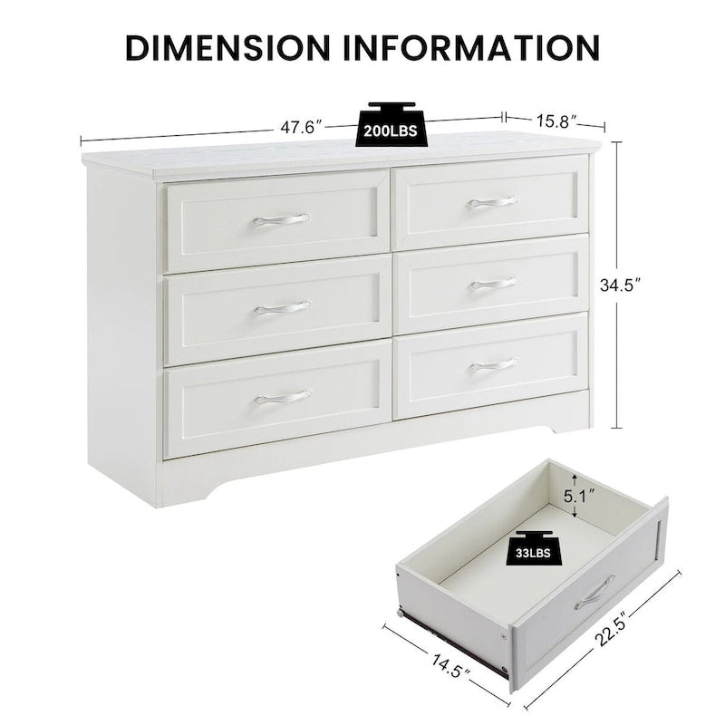 47.8 Modern Bedroom Chest with 6 Drawers Dresser - N/A