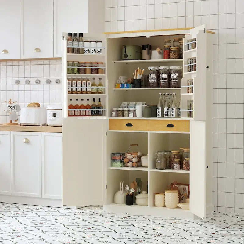 40.2x20x71.3inch High Freestanding Kitchen Pantry Cupboard Storage Cabinet with 2 Drawers, 2 Adjustable Shelves, 8 Door Shelves