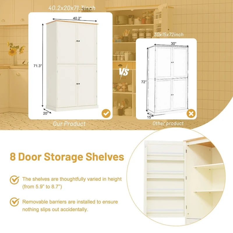 40.2x20x71.3inch High Freestanding Kitchen Pantry Cupboard Storage Cabinet with 2 Drawers, 2 Adjustable Shelves, 8 Door Shelves