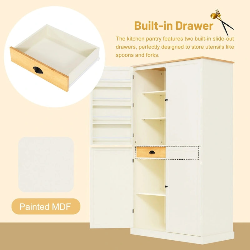 40.2x20x71.3inch High Freestanding Kitchen Pantry Cupboard Storage Cabinet with 2 Drawers, 2 Adjustable Shelves, 8 Door Shelves