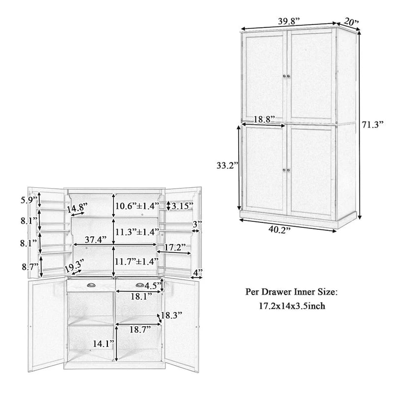 40.2x20x71.3inch High Freestanding Kitchen Pantry Cupboard Storage Cabinet with 2 Drawers, 2 Adjustable Shelves, 8 Door Shelves