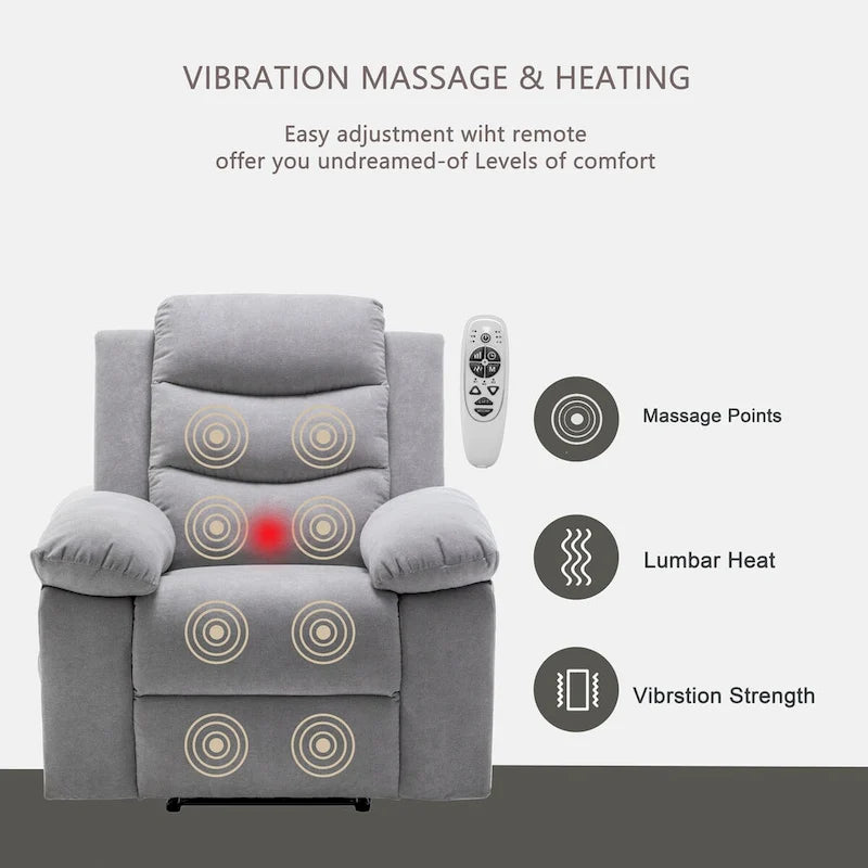 Light Gray Ergonomic Design Velvet Power Recliner Chair, Heat, Massage, Steel Frame