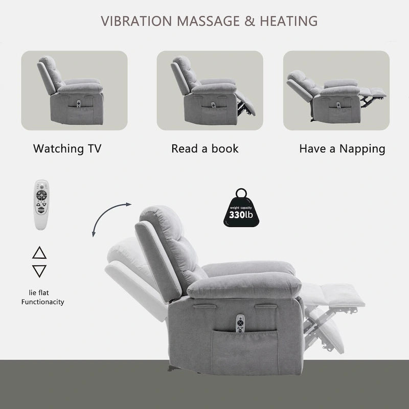 Light Gray Ergonomic Design Velvet Power Recliner Chair, Heat, Massage, Steel Frame