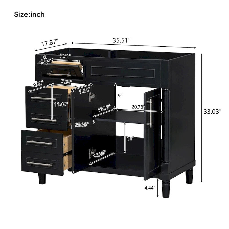 36 Wood Bathroom Vanity with Drawers and Adjustable Shelf (No Sink)