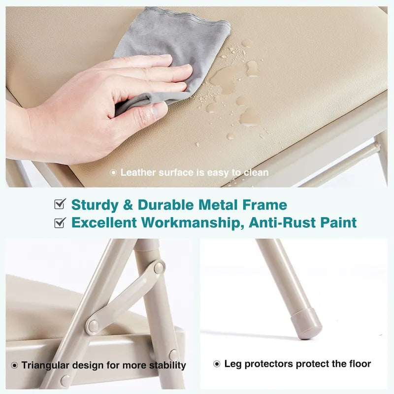 Folding Chair 2 Pack, Leather Padded Folding Chairs, Sturdy Metal Foldable Chairs, for Home, Office, Party