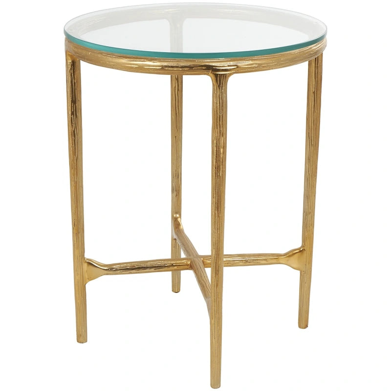 Aluminum Metal Textured Side End Accent Table with Glass Tabletop - Gold or Silver