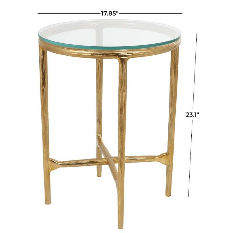 Aluminum Metal Textured Side End Accent Table with Glass Tabletop - Gold or Silver