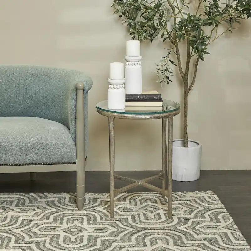 Aluminum Metal Textured Side End Accent Table with Glass Tabletop - Gold or Silver
